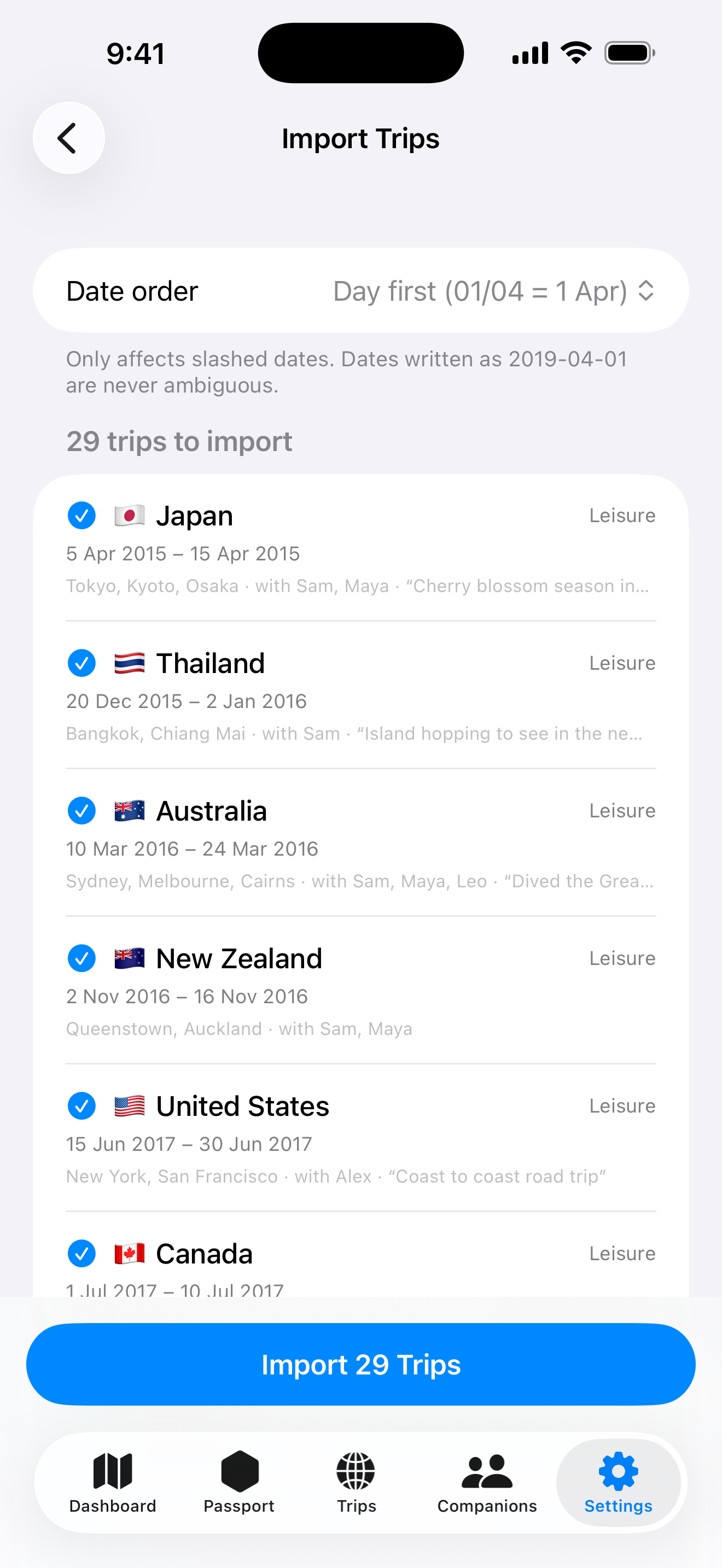 Import review screen listing trips with places and companions before importing