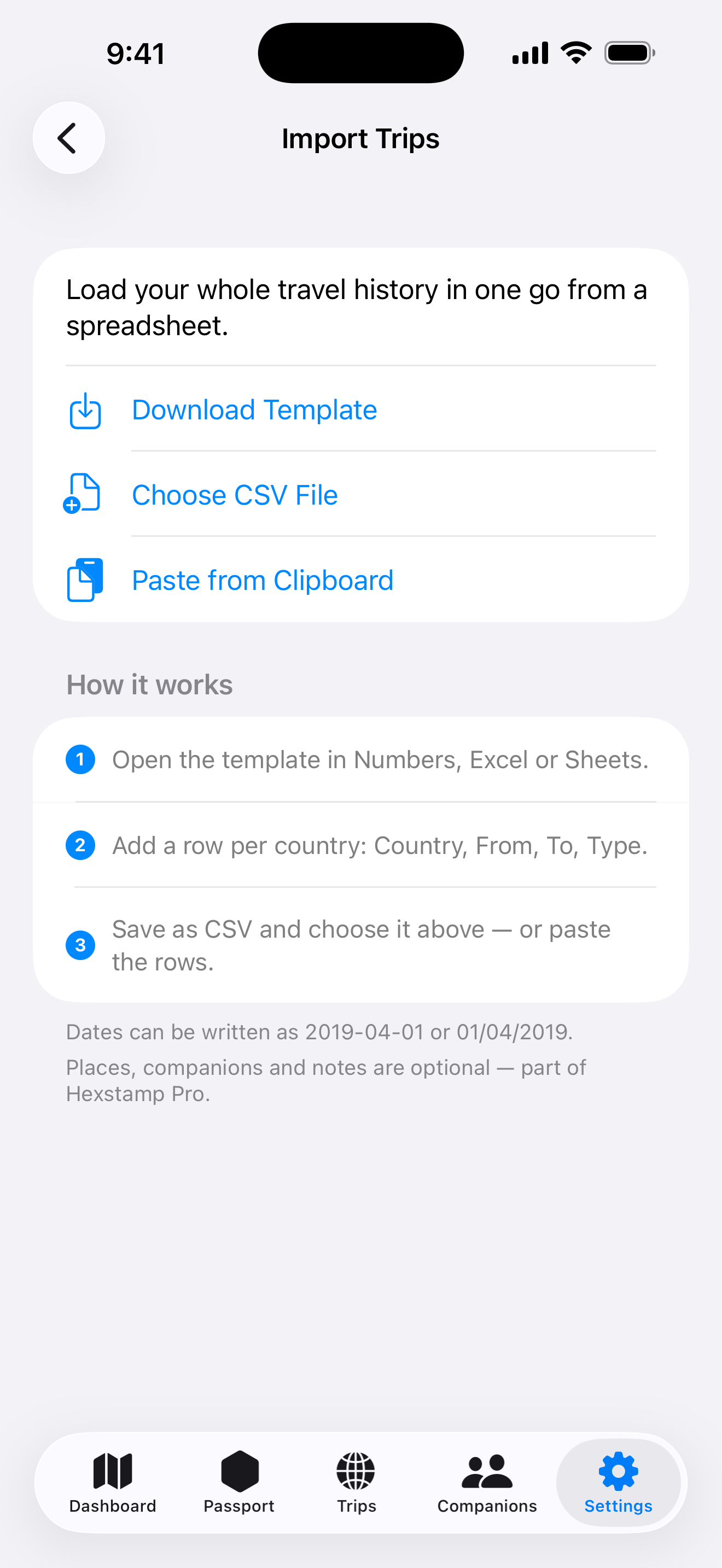 Import Trips screen with template download, choose file and paste options