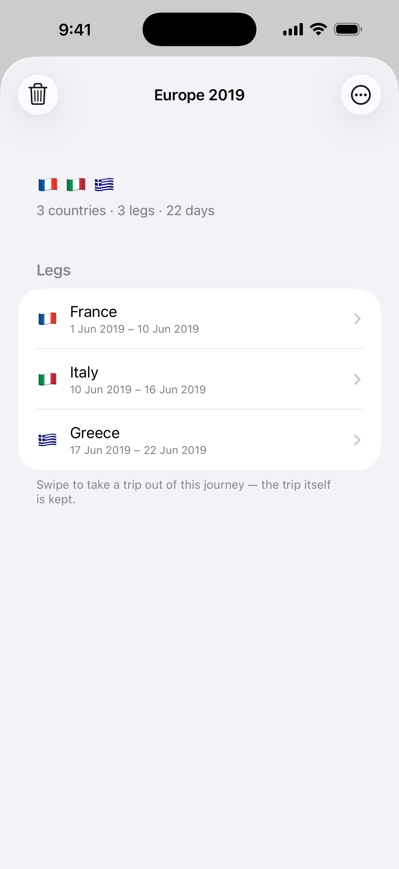A journey page showing France, Italy and Greece linked as one multi-country trip