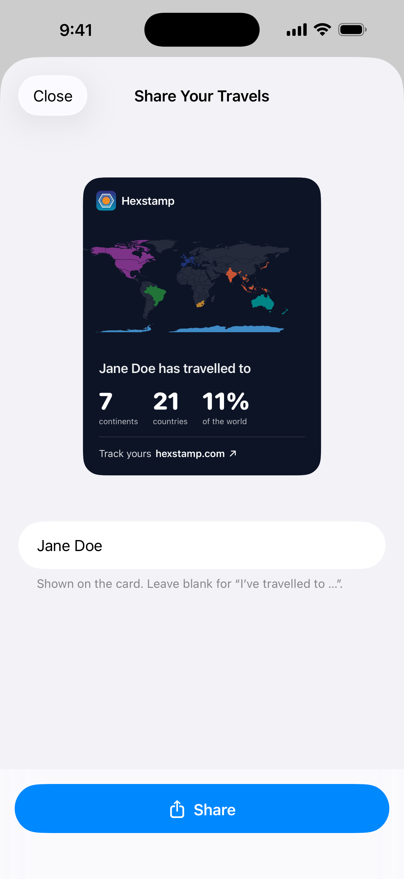 Share your travels screen showing a world-map summary card with continents, countries and percentage of the world