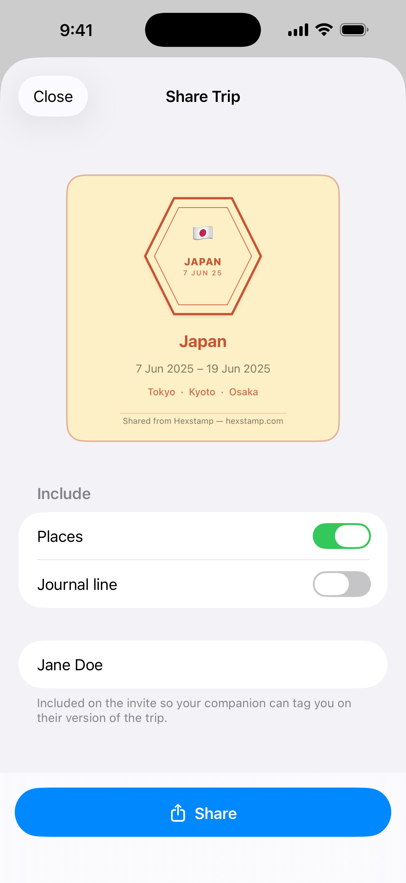 Share a trip screen showing a trip card for the people you travelled with
